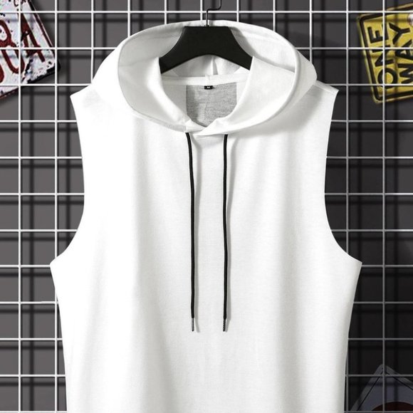 White Casual Men's Color Block Hooded Tank Top